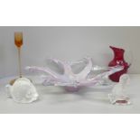 Art glass; Murano splash bowl cased in silvered pink, a 1957 Whitefriars ruby jug (no. 1419),