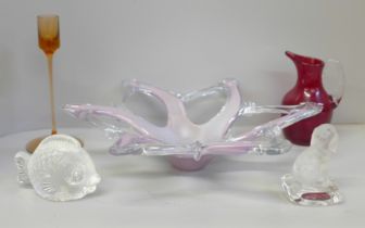 Art glass; Murano splash bowl cased in silvered pink, a 1957 Whitefriars ruby jug (no. 1419),