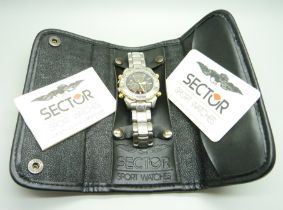 A Sector chronograph alarm wristwatch in soft pouch, with card and instructions, lacking crown