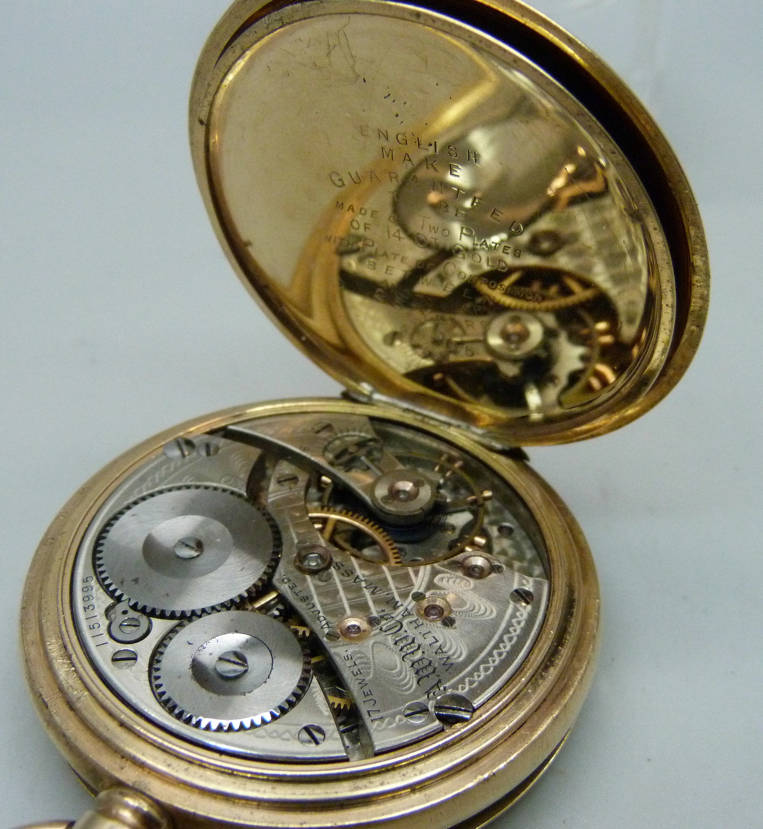 A Waltham 14ct gold plated half-hunter top-wind pocket watch, the case back bears inscription - Image 3 of 3