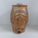 A saltglaze wine barrel with applied Royal Coat of Arms, Knights, Lions and Oak Leaves, 31cm