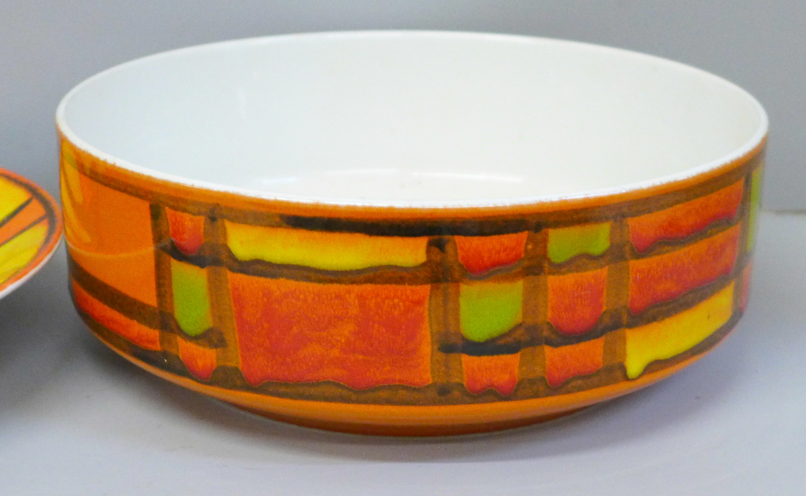 A Poole Pottery Delphis shallow dish, 26.5cm and fruit bowl, 25cm diameter, staining to back of dish - Image 2 of 5