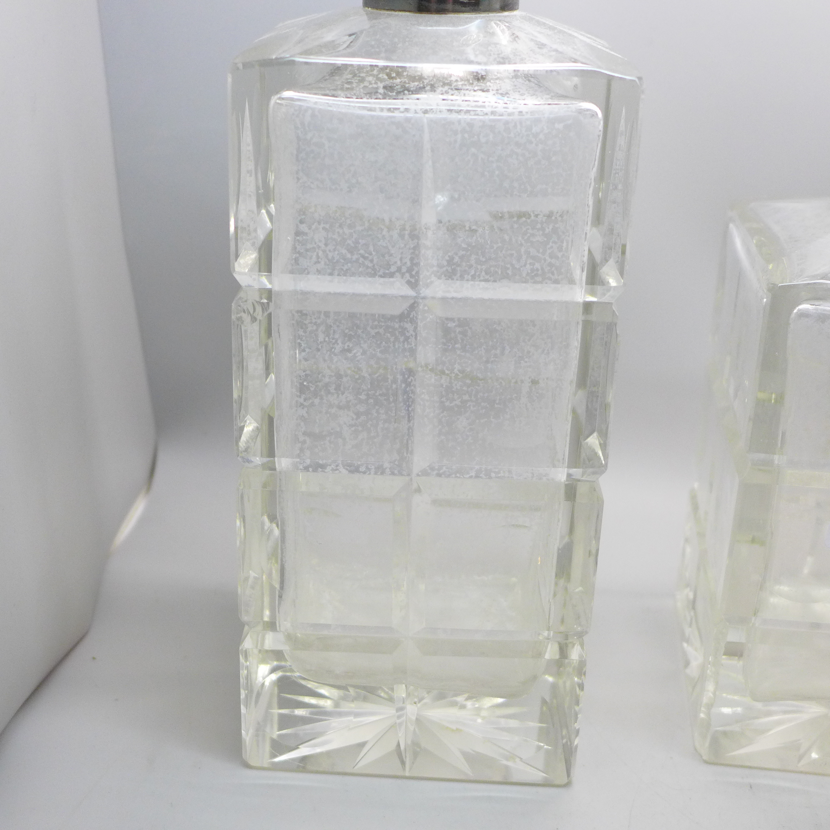 Three heavy crystal decanters (2+1), with silver collars, Israel Freeman & Son Ltd, London 1966 - - Image 8 of 8