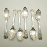 Three silver Kings pattern spoons, London 1825, and three similar silver spoons, 196g