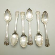 Three silver Kings pattern spoons, London 1825, and three similar silver spoons, 196g