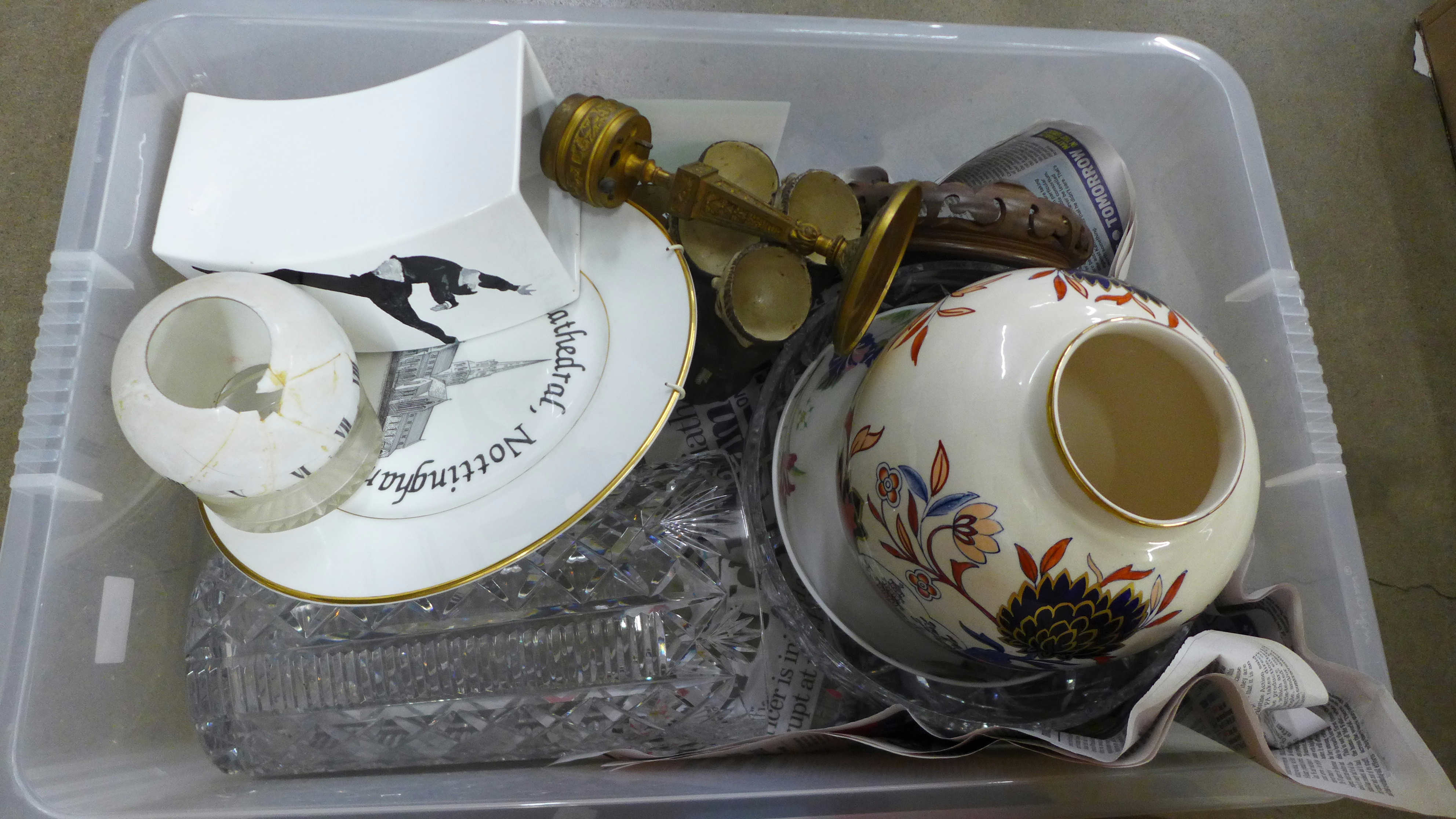 Two boxes of mixed china and glassware including decanters and a vase, novelty glass top and gilt - Image 3 of 3