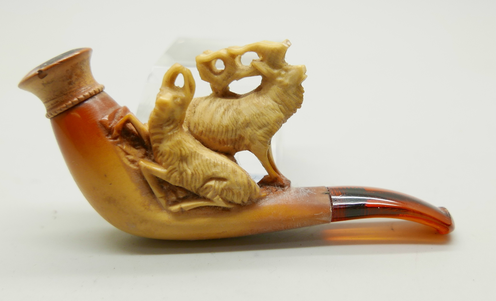 Three small hand carved Meerschaum pipes, two with horses and one with a pair of stags, amber stems, - Image 9 of 12