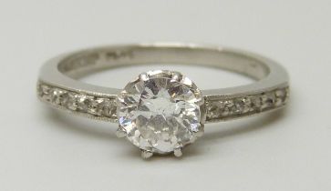 A platinum and brilliant cut diamond ring, diamond measuring 5.35mm in diameter, approximately 0.526