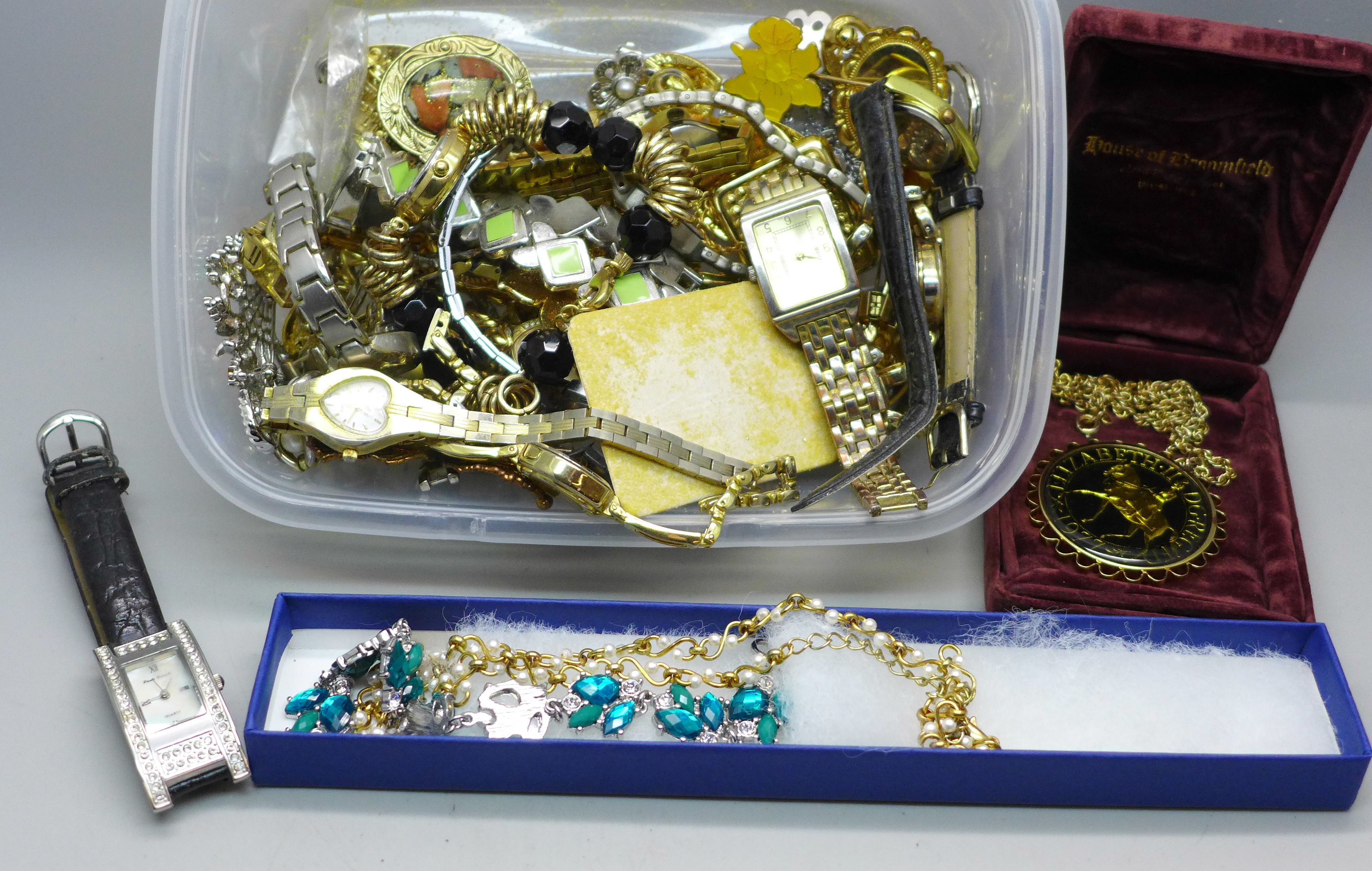 A collection of lady's wristwatches, Avalon, Timex, costume jewellery, etc.