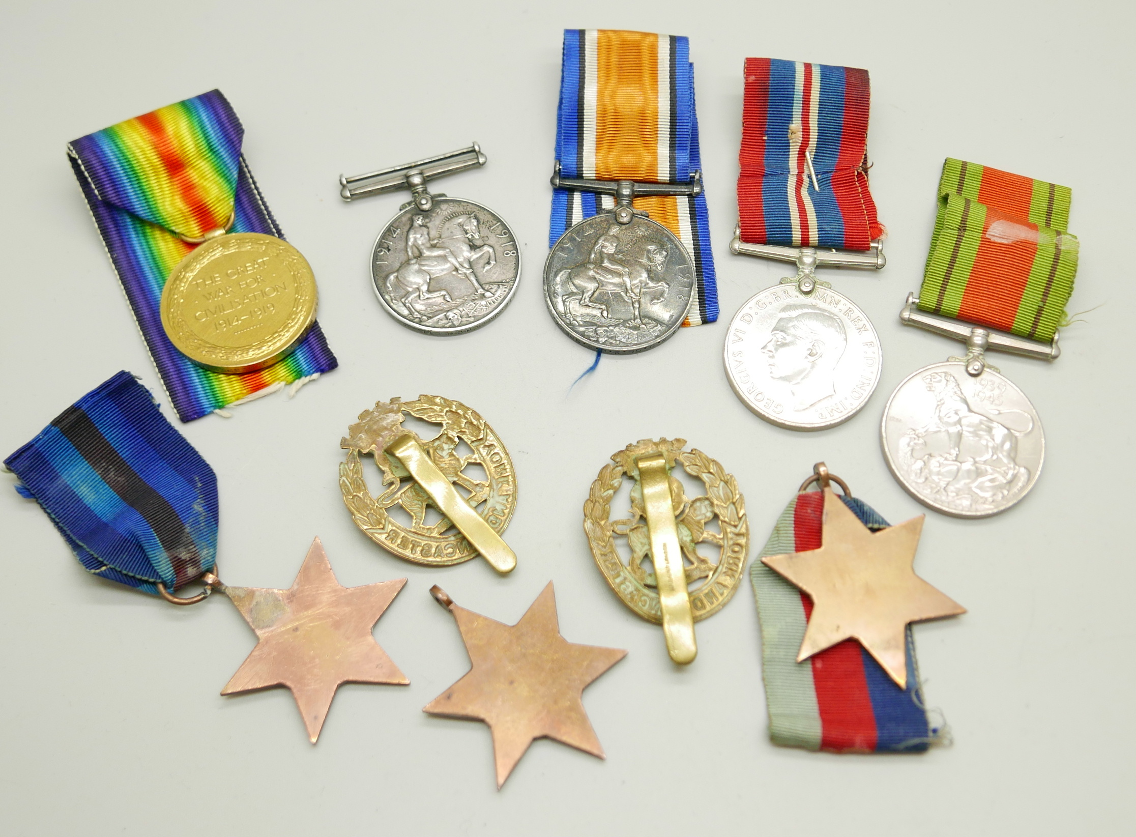 Eight medals and two badges; including a pair of WWI medals to S4-143747 W.O. CL. 2. J.W. Speck - Image 3 of 6