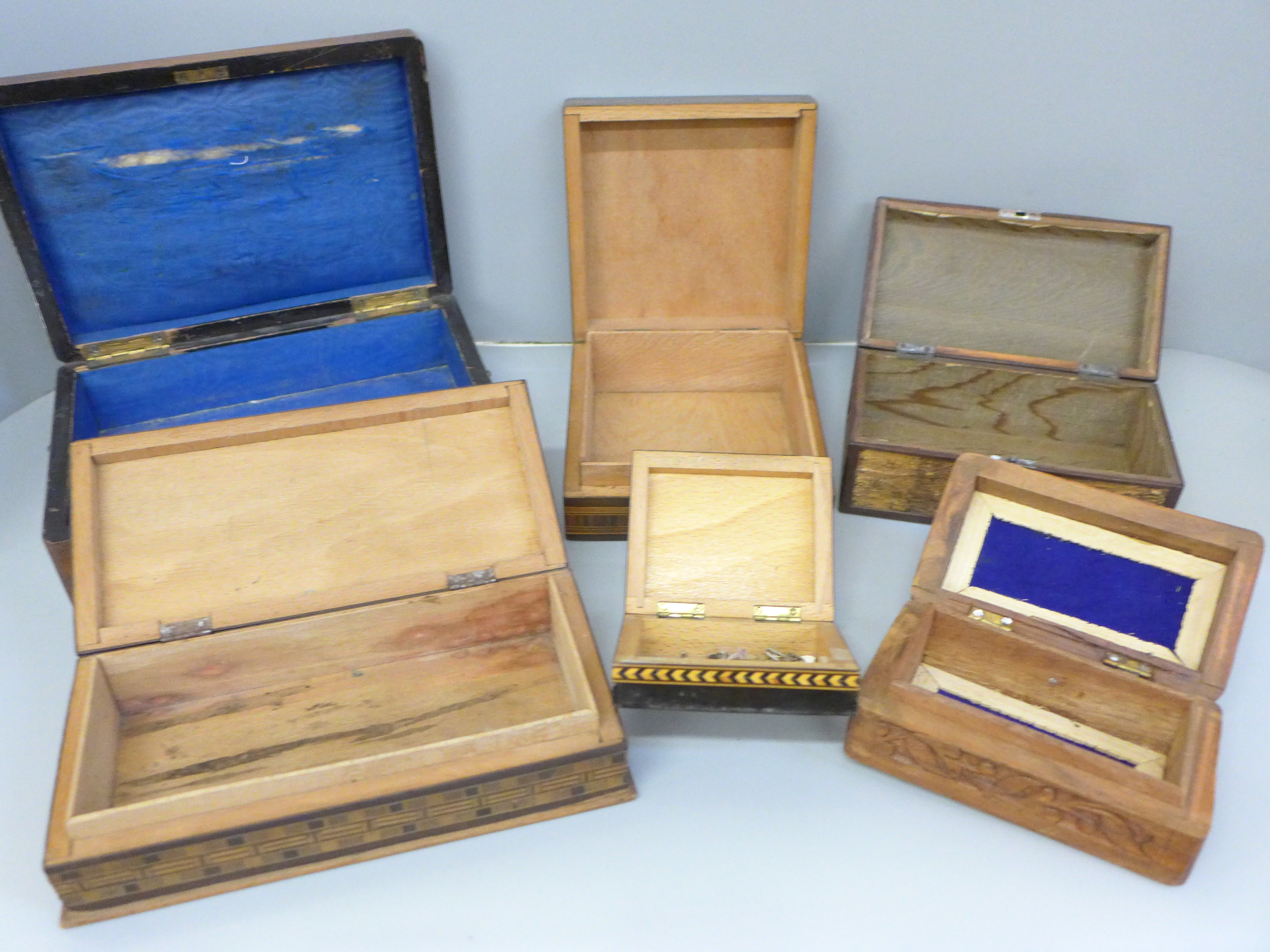 Six boxes; three inlaid wooden boxes, an oriental carved wooden box, a metal inlaid box and one - Image 5 of 5