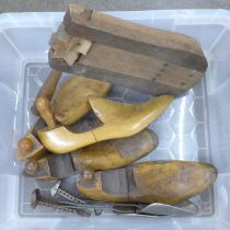 A football rattle and wooden and metal shoe trees **PLEASE NOTE THIS LOT IS NOT ELIGIBLE FOR IN-