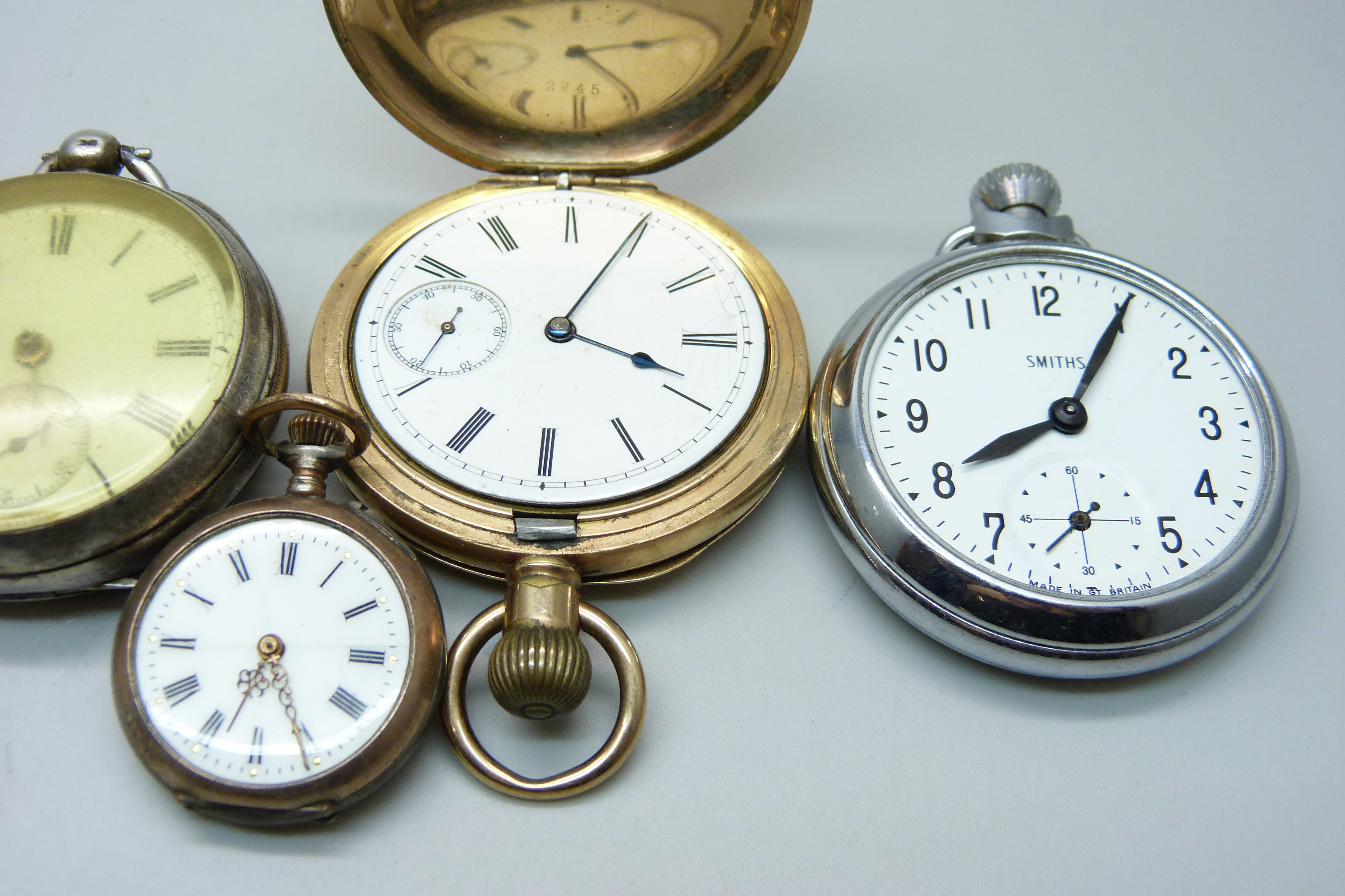 Five pocket watches including a plated Waltham Traveler, one silver cased and a fob watch, (5) - Image 3 of 4