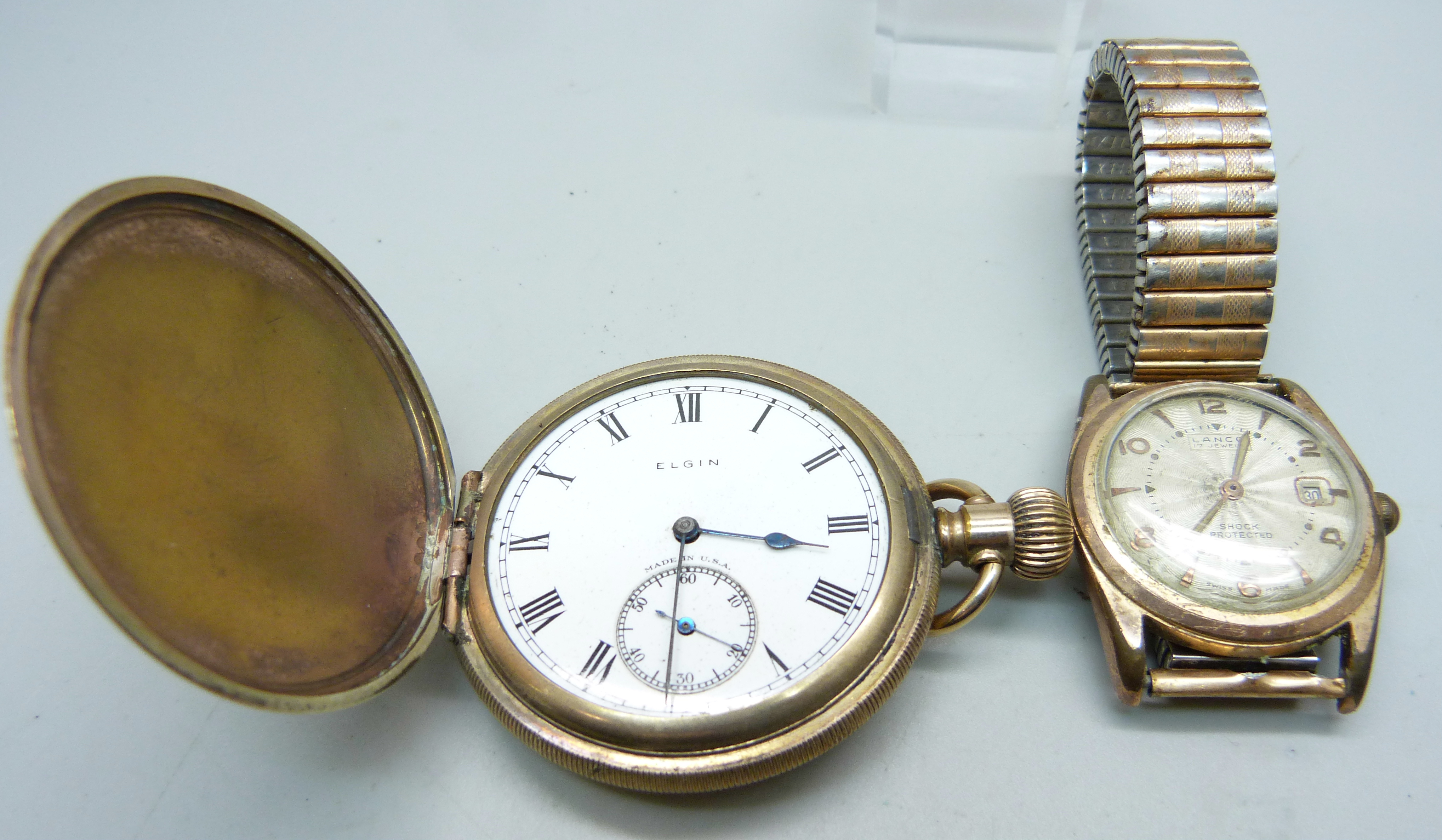 A gentleman's Lanco 17 jewels wristwatch with date and sunburst dial and an Elgin gold plated full