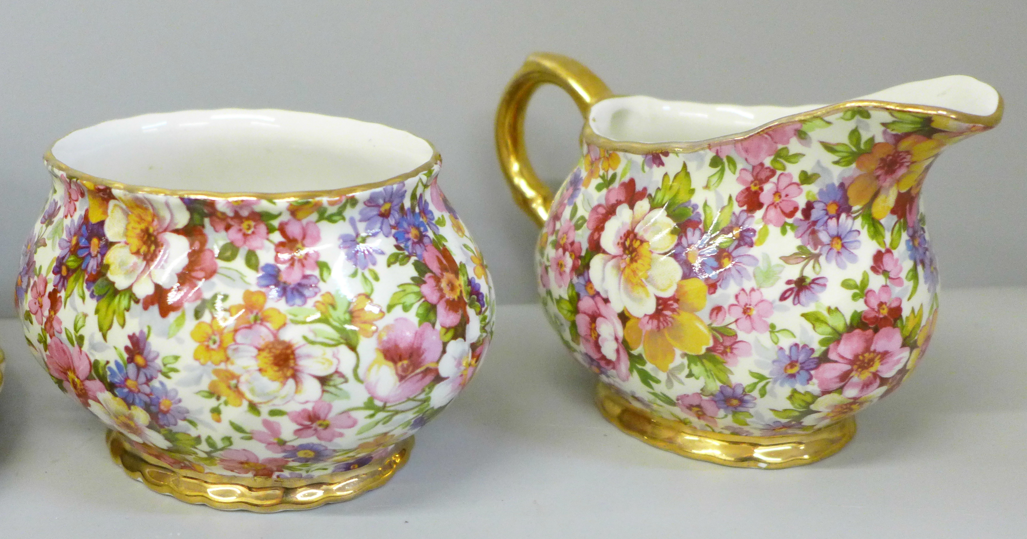 A James Kent chintz teaset for one, a Du Barry pattern chintz teapot, cream jug, sugar bowl, side - Image 4 of 5