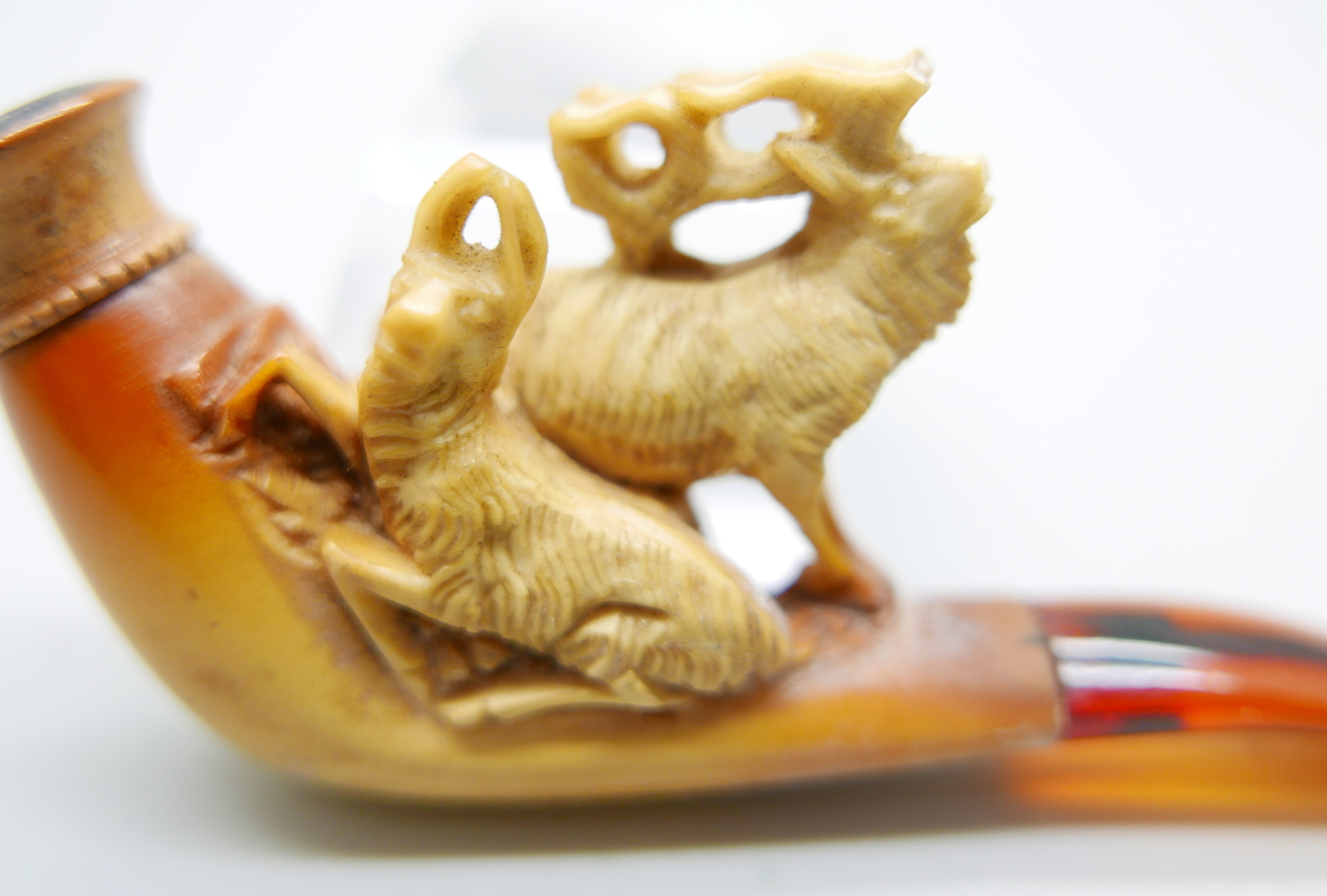 Three small hand carved Meerschaum pipes, two with horses and one with a pair of stags, amber stems, - Image 10 of 12