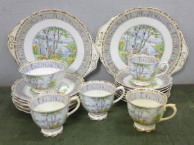 A Royal Albert Silver Birch part tea set, seven tea plates, a small bowl, four teacups, two sandwich