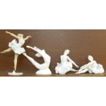 Three Dresden Germany ballerina and a Coalport Sporting Elements Stretching The Limits figurine