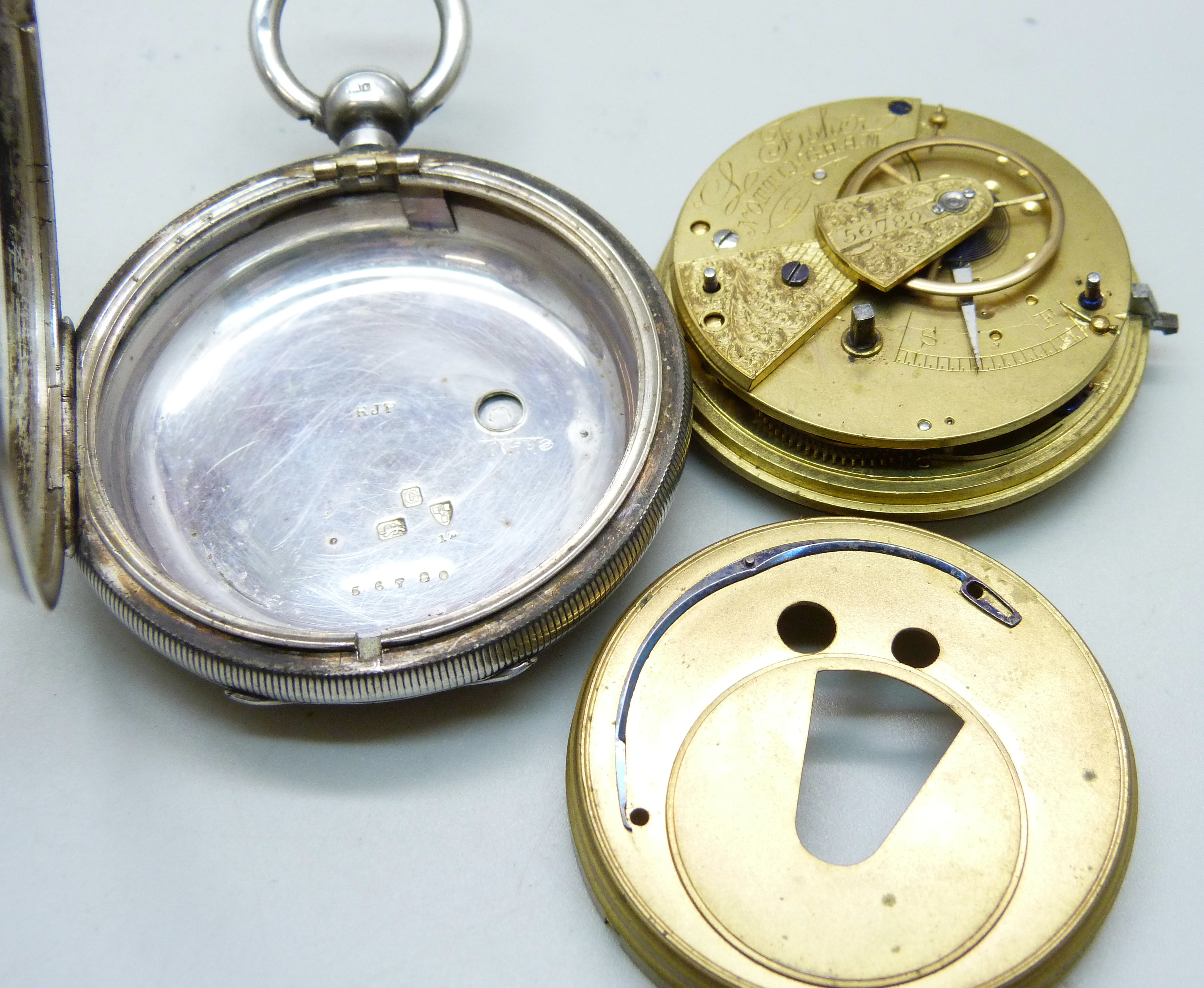 A silver pocket watch, Fisher, Nottingham, movement hinge requires repair - Image 4 of 5