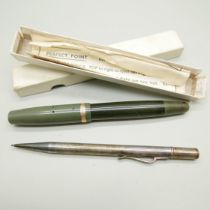 A fountain pen with 14ct gold nib, a/f, and a silver pencil