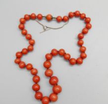 A vintage coral knotted necklace with 9ct gold safety chain, 40.7g