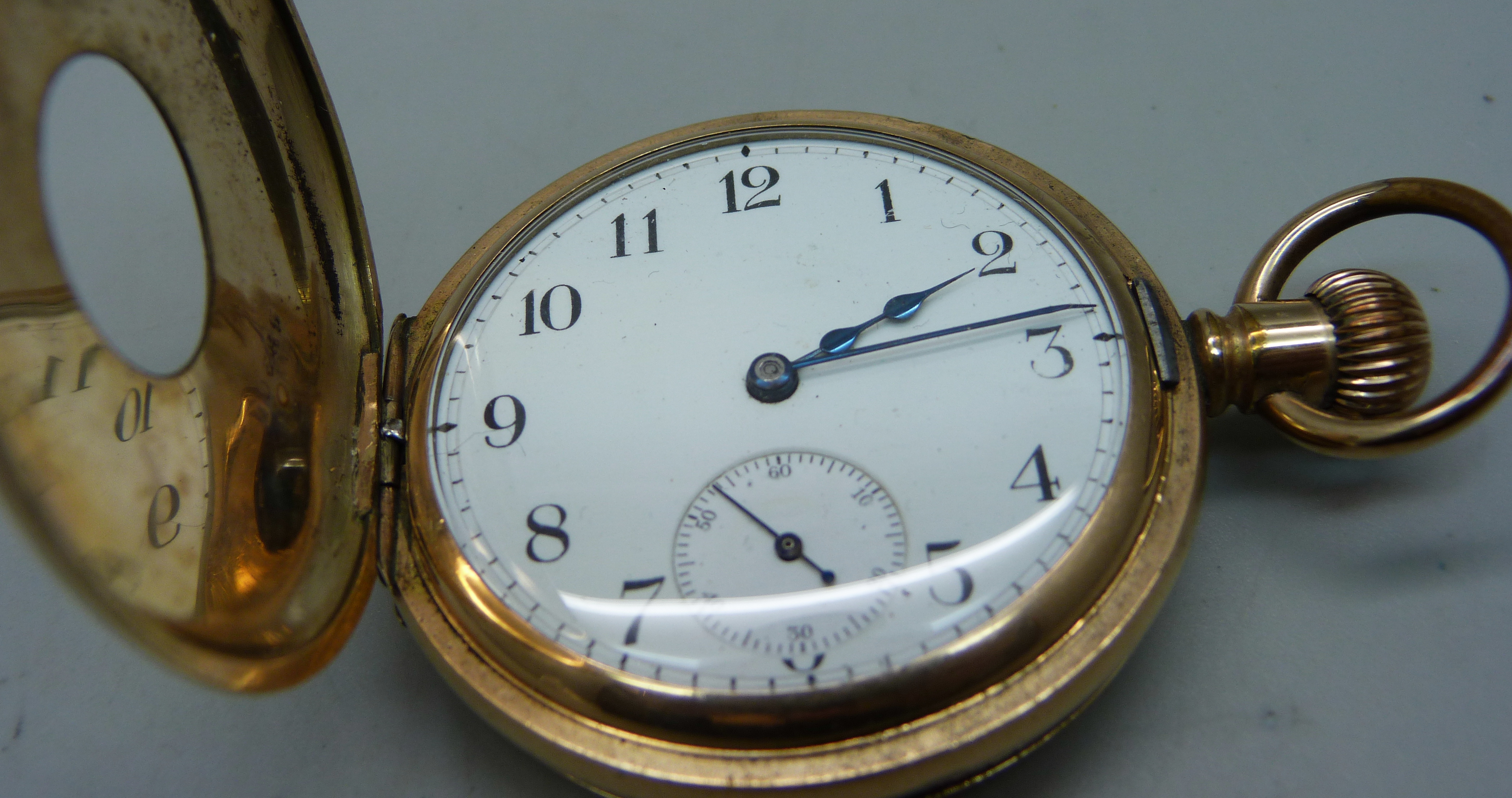 A Waltham 14ct gold plated half-hunter top-wind pocket watch, the case back bears inscription - Image 2 of 3