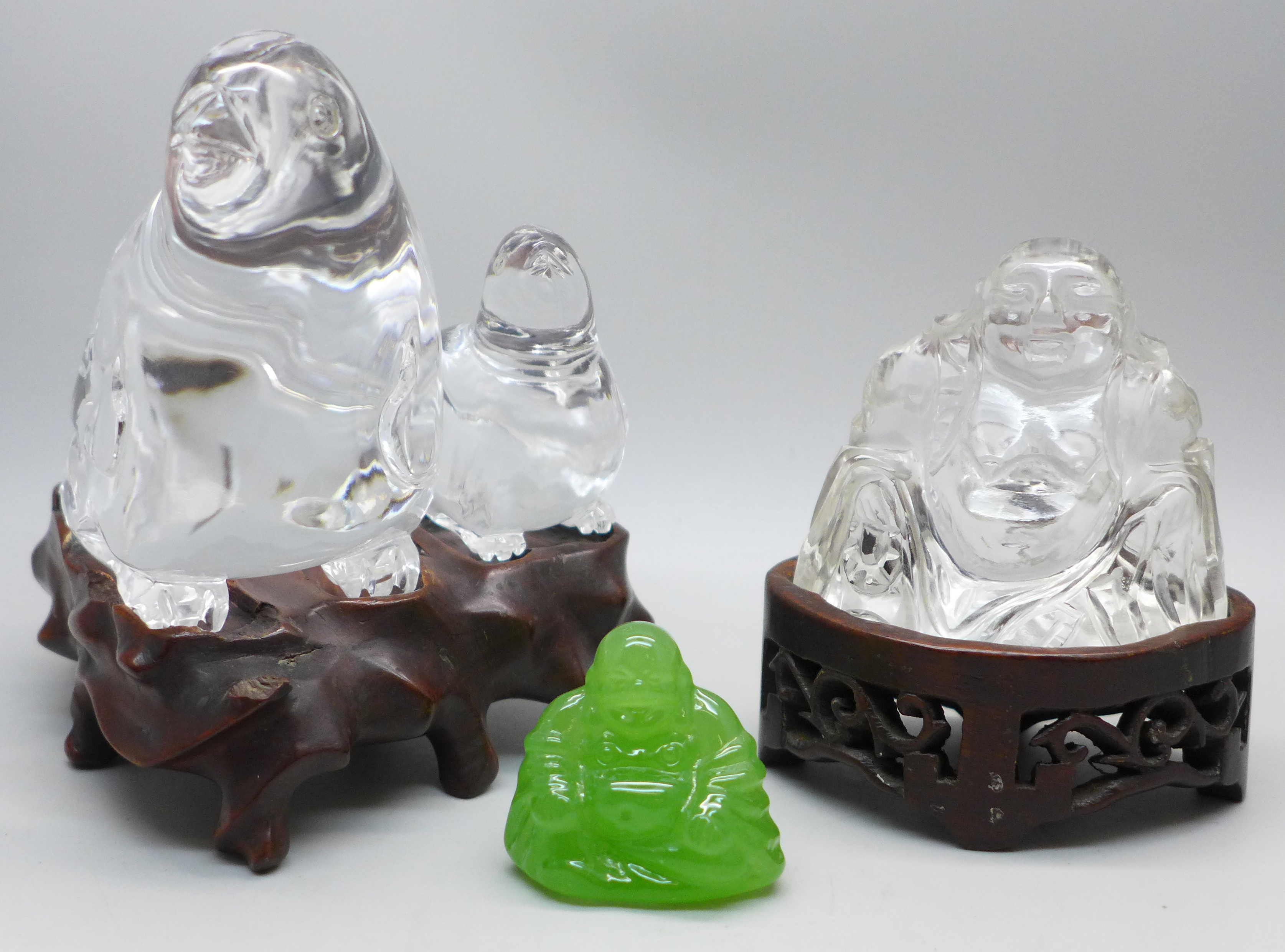 Two rock crystal mounted figures; Buddha and a pair of birds, tiny chip to beak and a small green