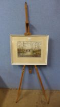 English School (20th Century), river scene, watercolour, framed and an easel