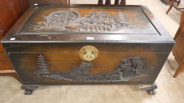An oriental carved camphorwood blanket box