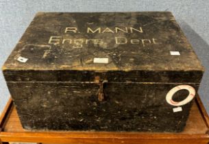 A painted wooden two handled tool box, marked R. Mann, Engrs. Dept.