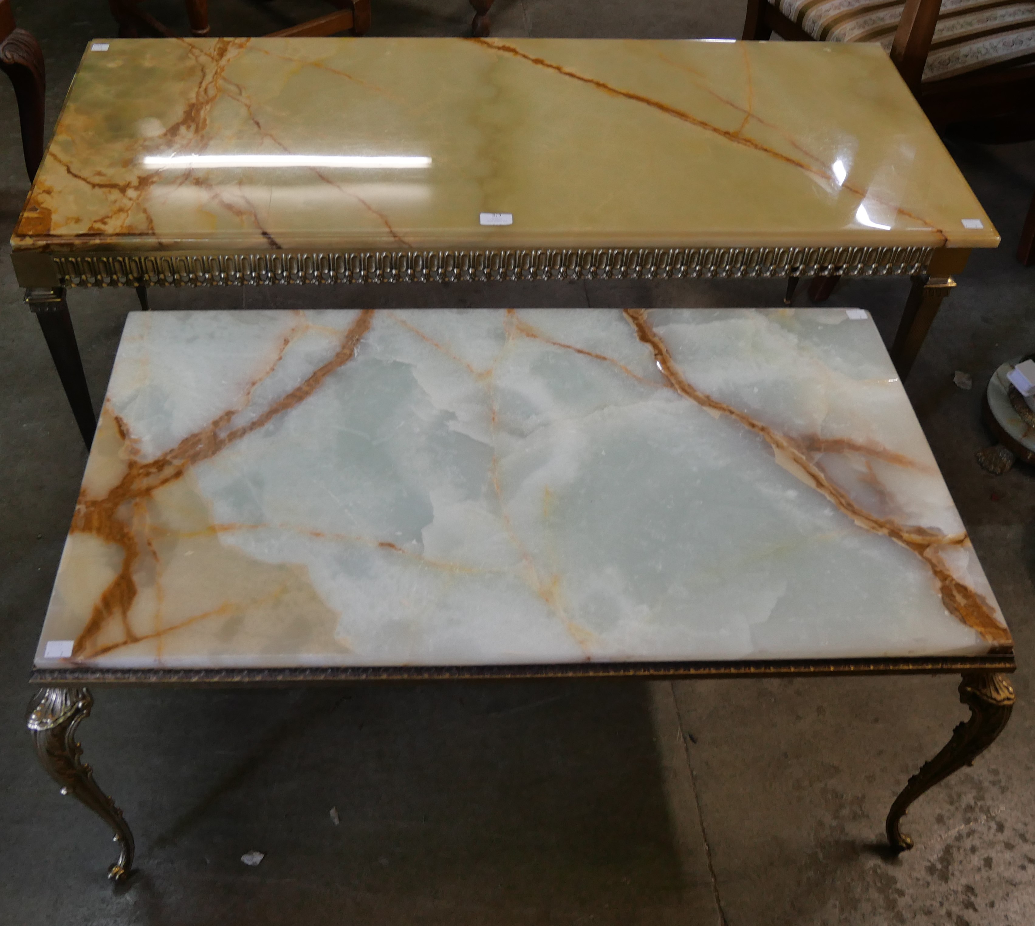 Two Italian style onyx and gilt metal coffee tables