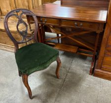 A Regency style inlaid yew wood two drawer writing desk and a Victorian walnut chair