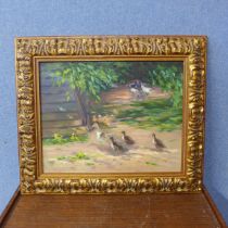 Iris Collett, ducks and chickens in a courtyard, oil on board, framed