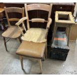 Two Victorian kitchen chairs, a painted box and a pair of stools