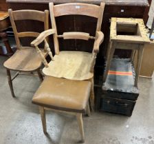 Two Victorian kitchen chairs, a painted box and a pair of stools