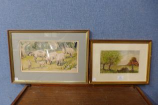 Mark Huskinson, sheep in a field, watercolour and T.L.S., shepherd and flock, watercolour, both