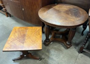 A carved oak circular coffee table and a walnut coffee table