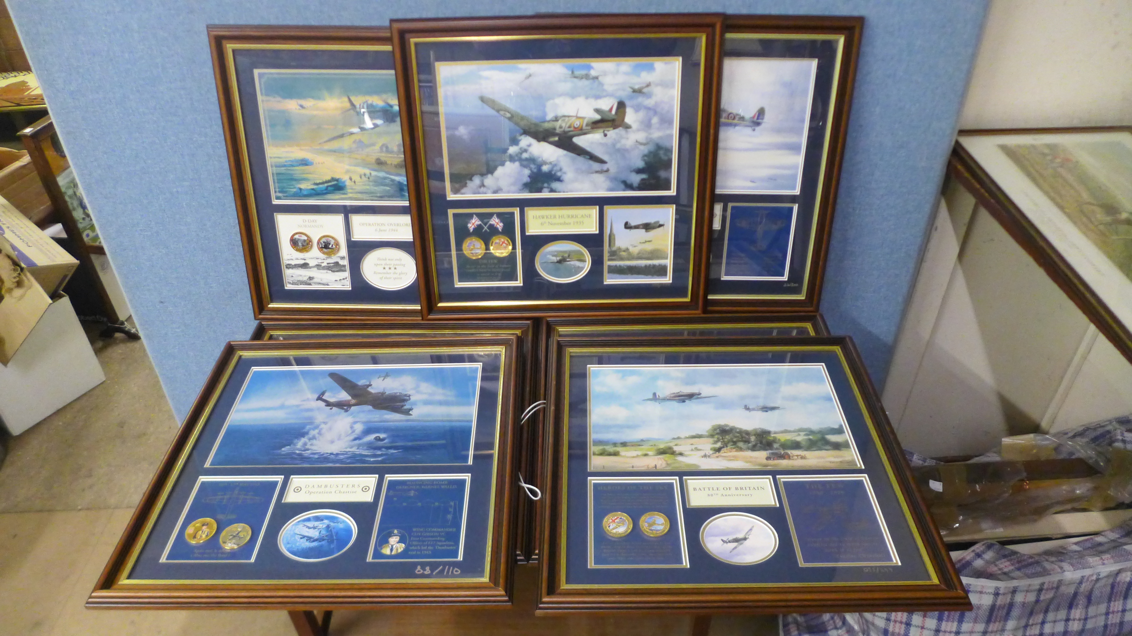 A framed set of Bradford Exchange limited edition prints with gold plated commemorative coins (7),