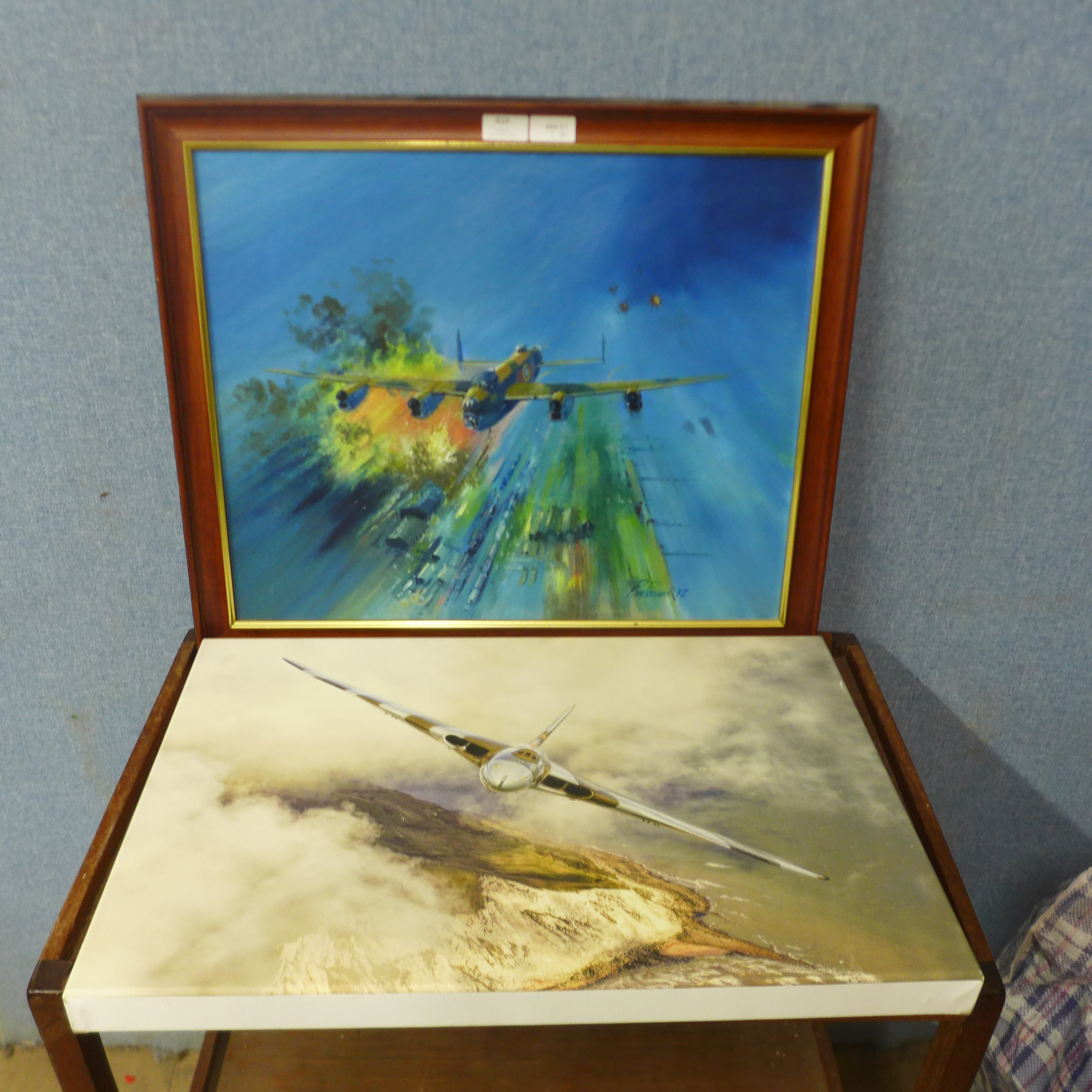 P. Freeman, study of Lancaster bomber, oil on board and and one other