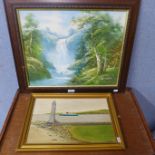 R. Danford, waterfall landscape, oil on canvas and J. Kerr, harbour scene, oil on board, both framed