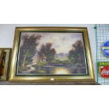 Continental School (20th Century), cabin by a lake, oil on canvas, indistinctly signed, framed