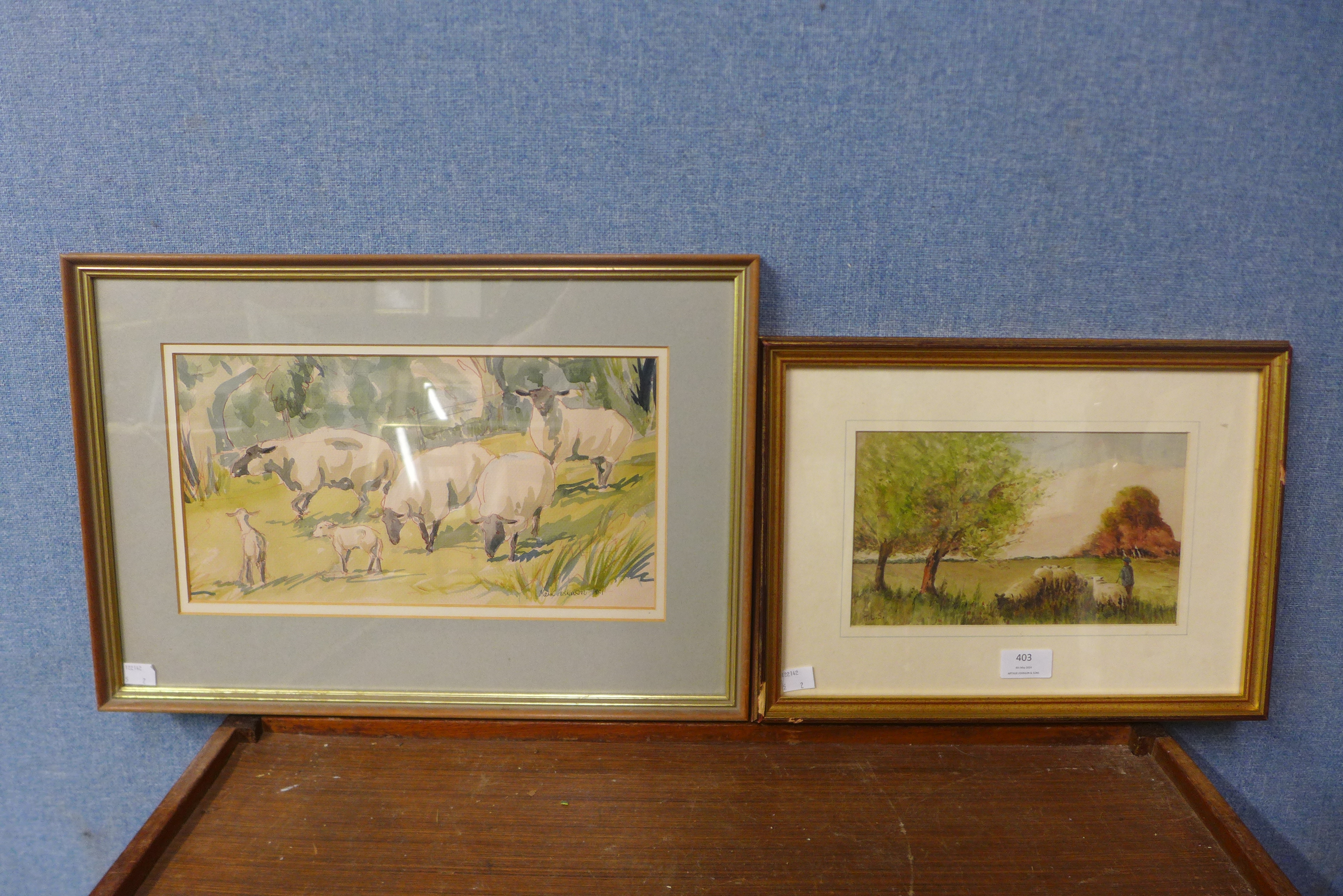 Mark Huskinson, sheep in a field, watercolour and T.L.S., shepherd and flock, watercolour, both - Image 2 of 2