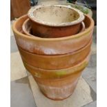 Seven terracotta plant pots