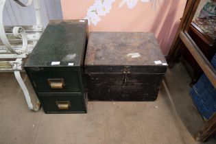 A metal index drawer cabinet, a wooden crate and a metal crate
