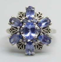 A 9ct white gold, diamond and tanzanite cluster ring, 2.9g, O