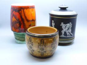A Poole vase, a Pratt 'Old Greek' tobacco jar and a Doulton Lambeth pot, (inner lid of jar chipped)