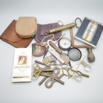 Assorted items including a compass, keys, coins etc.