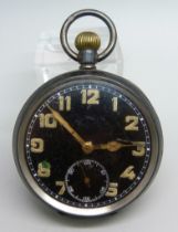 A silver cased pocket watch with black dial