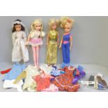 Three vintage Pedigree Sindy dolls and June doll, clothes and accessories