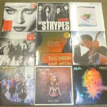 Ten unplayed LP records, some sealed, including Madonna, Bob Dylan, Kylie Minogue